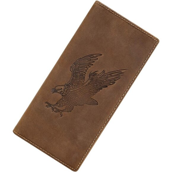 Vintage Look Genuine Leather Long Bifold Wallet Checkbook Wallets for Men